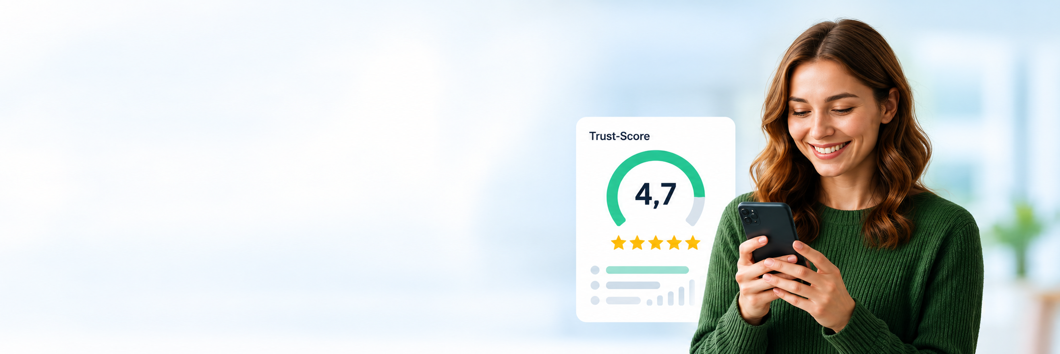Eine Frau liest Bewertungen auf ihrem Smartphone neben einem Trust-Score