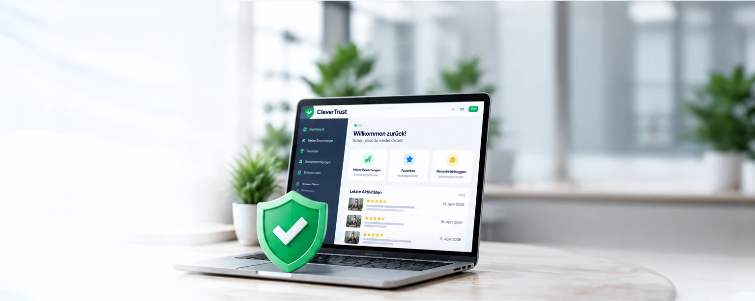 CleverTrust Dashboard auf einem Laptop mit Schutzschild